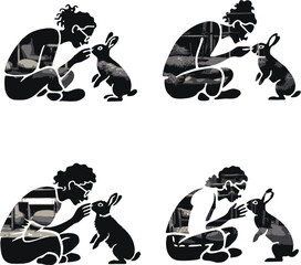 Silhouetted figures show a person affectionately interacting with a rabbit in different gentle poses