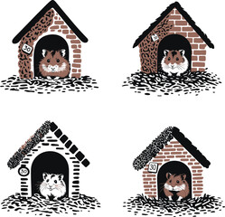 Small furry hamsters peek out of cozy brick textured houses with decorative leaves and signs