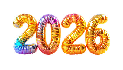 Shiny, golden 2026 balloon letters floating against a stark black backdrop