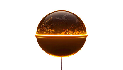 A glowing, stylized orb with a reflective, fiery interior on black