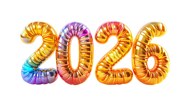 Shiny, golden 2026 balloon letters floating against a stark black backdrop - Powered by Adobe