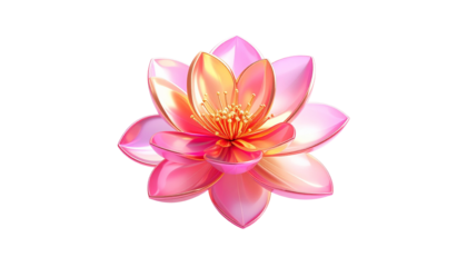 Radiant lotus flower, glossy petals, gold accents, against a black background