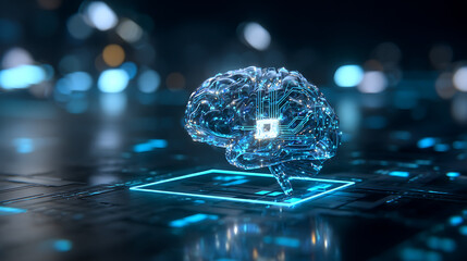 Futuristic brain with glowing circuit board and neon lights on digital interface