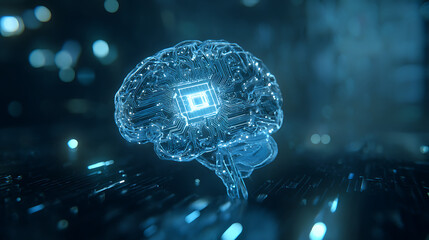 Glowing blue circuit board brain with microchip technology