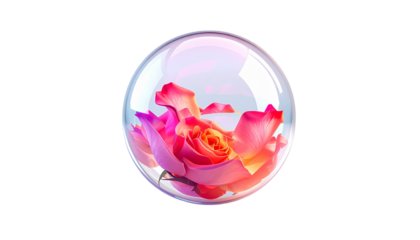 A vibrant rose encased in a clear bubble against a stark black background