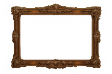 Ornate antique baroque picture frame with detailed gold decorative elements creating a luxurious vintage border, transparent background