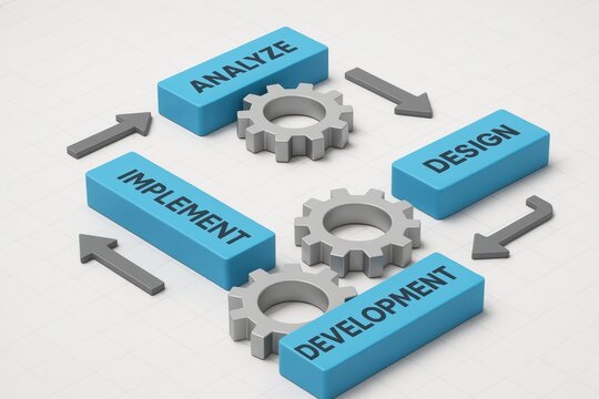 Iterative Process Diagram: Visualizing the continuous cycle of analysis, design, development, and implementation, using gears and arrows to represent workflow.