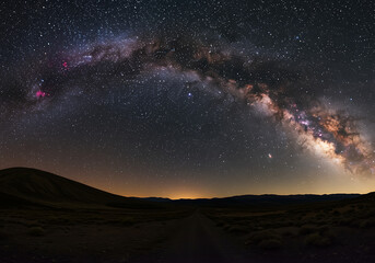 Breathtaking night sky panorama with milky way over desert landscape
