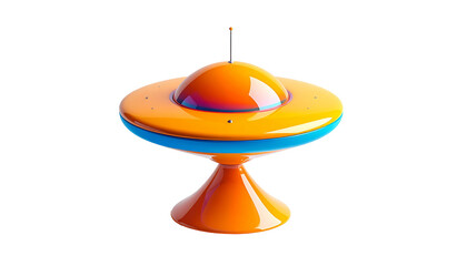 A glossy, orange and blue cartoon-like spacecraft with a small antenna