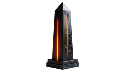 Tall, dark obelisk with fiery orange lines, on a rectangular base