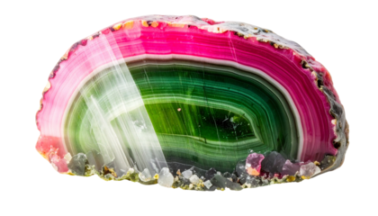 Cross-section of a colorful geode with pink, green, and white bands