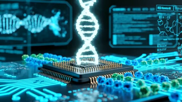 Glowing DNA Helix Emerges from a Microchip, Visualizing Advanced Computational Genetic Engineering and Synthetic Biology Design in Digital Research