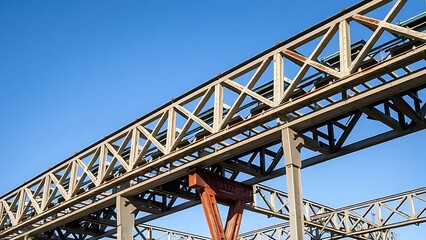 Obraz premium Industrial steel structure with geometric patterns, highlighting construction progress under clear skies.