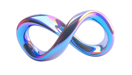 Shiny, iridescent infinity symbol against a stark black background