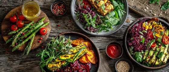 Flat lay of colorful vegan dishes with fresh organic vegetables on rustic wooden table