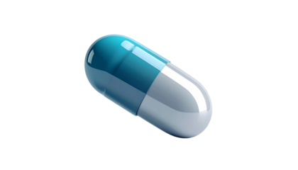 A glossy, blue and white capsule floats against a stark black background
