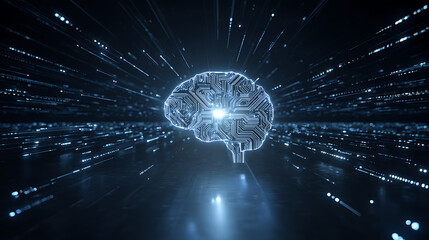 Glowing blue circuit brain with radiant lines and dots in dark space