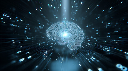 Glowing blue circuit brain with radiant light beams and dynamic digital sparks