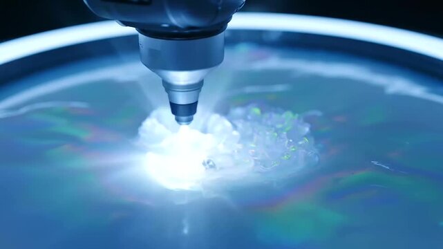 Precision robotic arm illuminates and manipulates liquid, showcasing groundbreaking Synthetic Biology Design and advanced material creation.