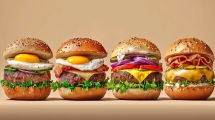 Set of gourmet burgers with fresh ingredients on clean background for food advertising