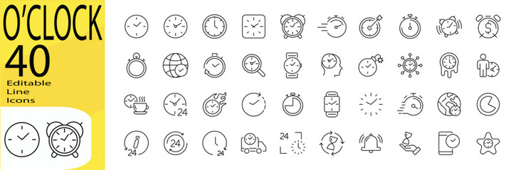 O'clock icon set. Editable stroke.