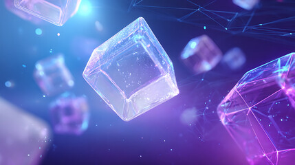 Glowing crystal cubes floating in vibrant purple and blue space
