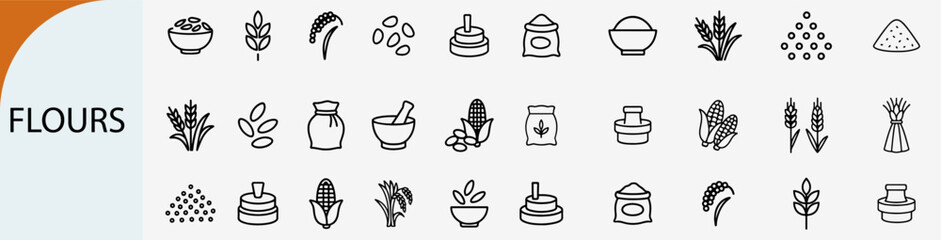 flour and organic cereal grains outline icons, agriculture powder vector © rayzign
