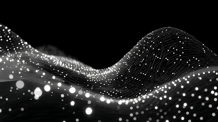 Dynamic network connections wave with glowing white dots on black background