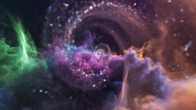 Abstract cloudscape animation with swirling particles and colorful nebulae