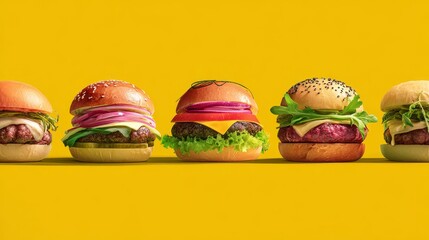 Set of gourmet burgers with fresh ingredients on clean background for food advertising