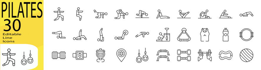 Pilates icon set. Editable stroke.