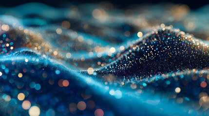 Vibrant digital wave with sparkling particles in blue and gold light