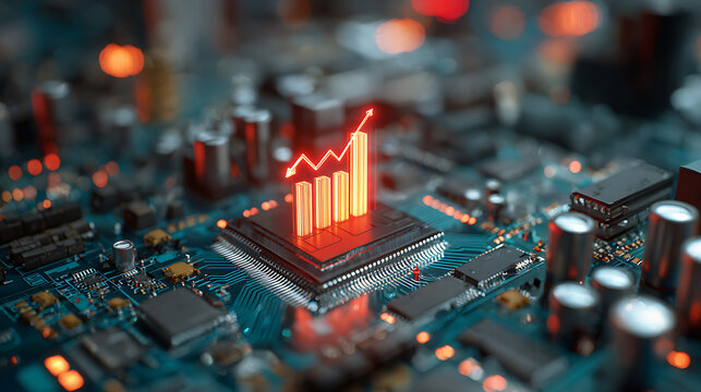 Close-up of computer circuit board with glowing red graph chart indicating growth - Powered by Adobe