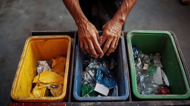 Close-up of person sorting plastic waste into colored recycling bins