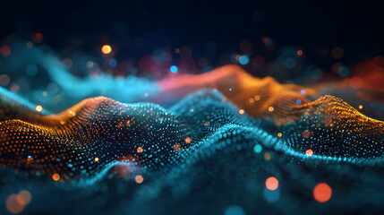 Vibrant digital landscape with glowing data points and waves