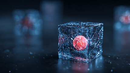Glowing red orb inside futuristic transparent cube with network lines