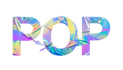 Holographic, iridescent "POP" wordmark against a black background