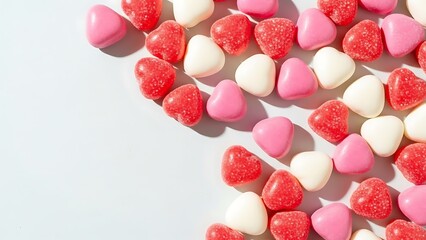 Heart-shaped candies in red, pink, and white scattered on a white surface