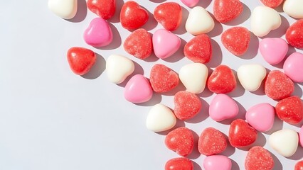 Scattered heart-shaped candies in red, pink, and white hues on a white surface