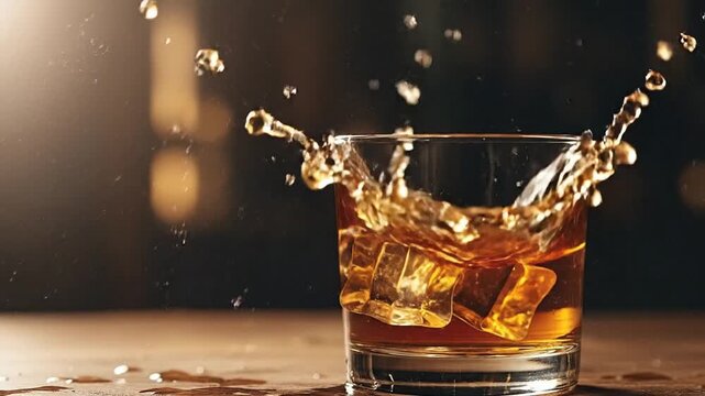 Ice Cubes Splash Into Whiskey Creating Dynamic Beverage Motion.