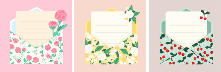 Open envelope with cherry rose pattern and ruled message card flat vector set