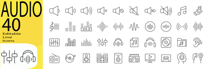 Audio icon set. Editable stroke.