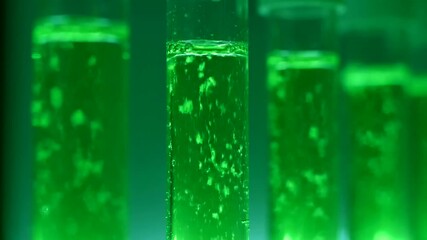 Vibrant green liquid with active bubbling in multiple laboratory test tubes, symbolizing advanced research and Synthetic Biology Design in scientific experiments.