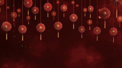 Chinese New Year Celebration With Festive Banners Hanging, Subtle Glow From Fireworks in a Misty Night Sky Creates a Joyful and Renewed Atmosphere