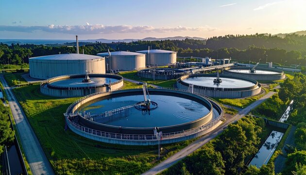Aerial shot of water treatment plant with circular tanks, reservoirs, and surrounding greenery