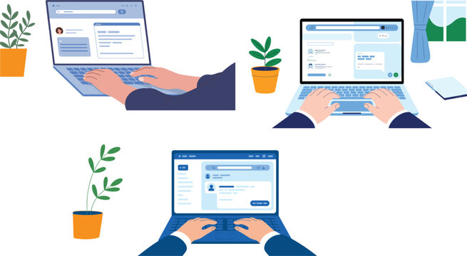 Hands typing on laptop keyboard with web browser interface and office plants set in flat vector illustration style