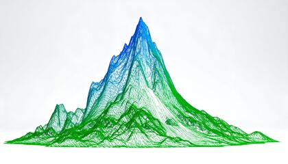 A wireframe landscape forms a vibrant mountain range against a clean white backdrop
