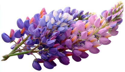 Close-up of vibrant, multi-colored lupine flowers against a white background