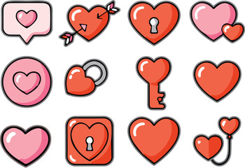 Set of cute Valentine's Day heart icons with love locks keys arrows and speech bubbles isolated on white background