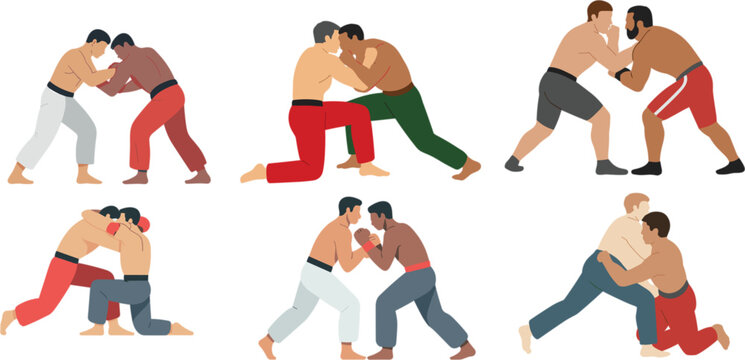 Set of Diverse Male Wrestlers Grappling and Training in Various Combat Sports Poses for Wrestling Martial Arts and Fitness Concept Vector